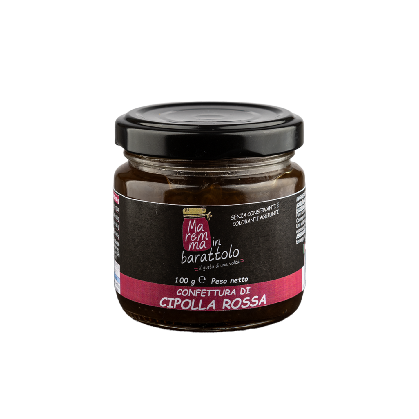 Jar of red onion confiture with a black lid on a white background