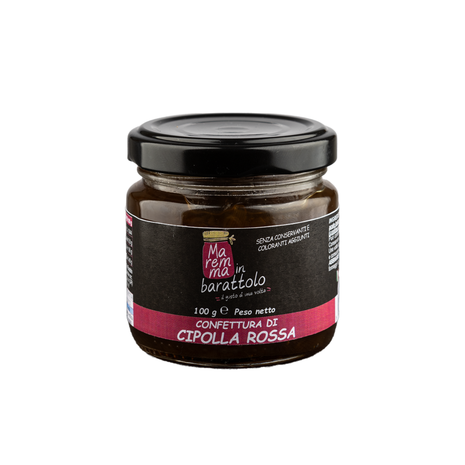 Jar of red onion confiture with a black lid on a white background