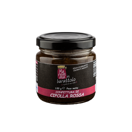 Jar of red onion confiture with a black lid on a white background